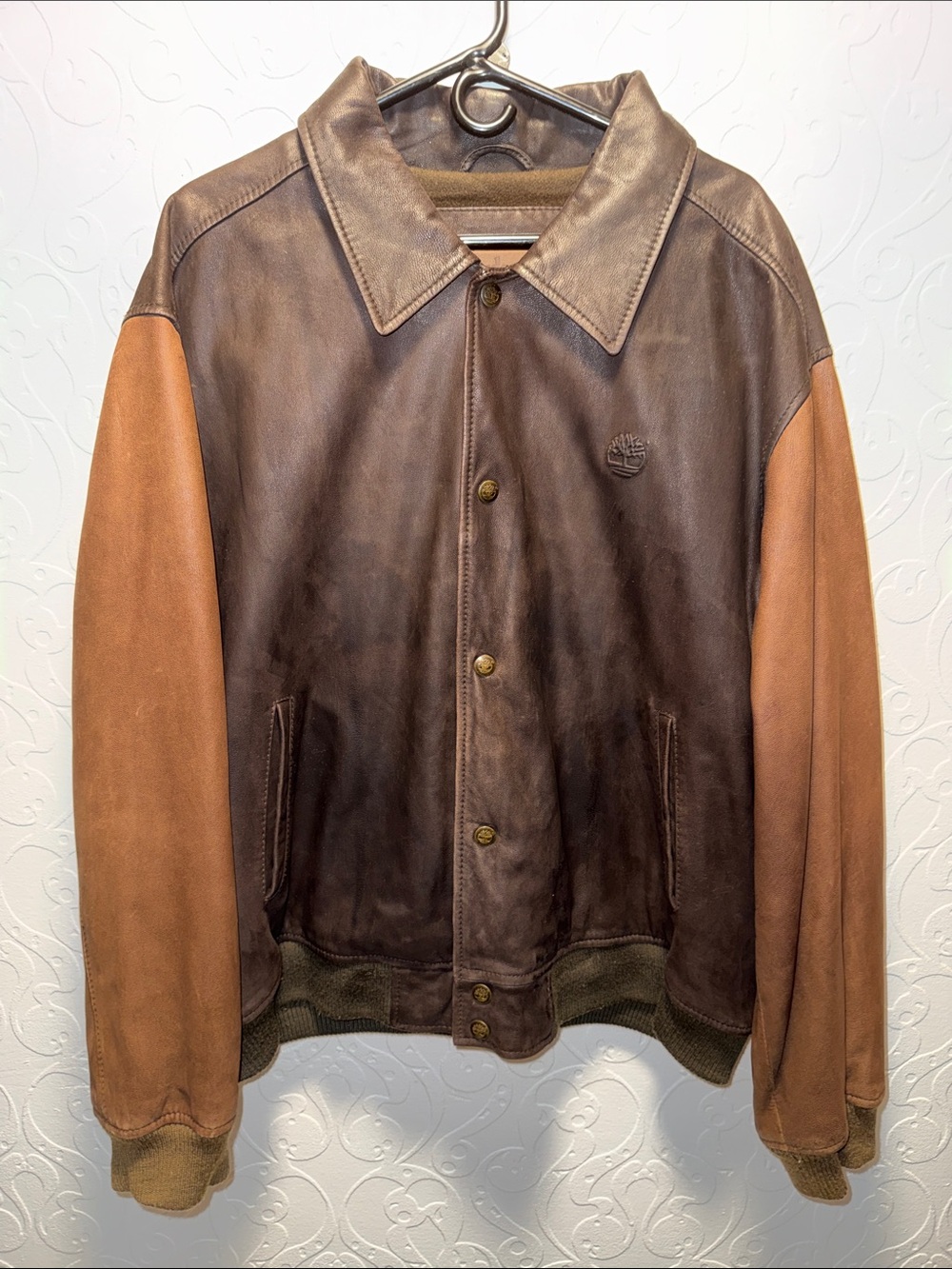 Vintage Timberland Two-Tone Brown Leather Bomber Jacket